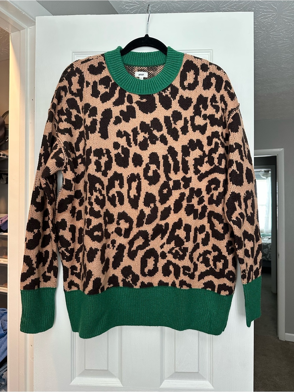 aerie Leopard Print Sweater with Green Trim